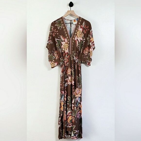Farm Rio Anthropologie Valentina Dress In Brown Motif Size Extra Small NWT - Picture 12 of 15